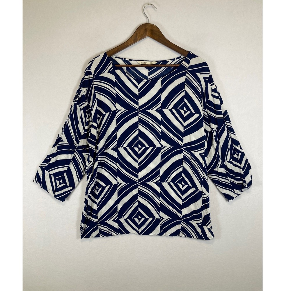Modern Geometric Old Navy‎ Women L Tall Navy White Roll Tab Sleeve Rayon Blouse